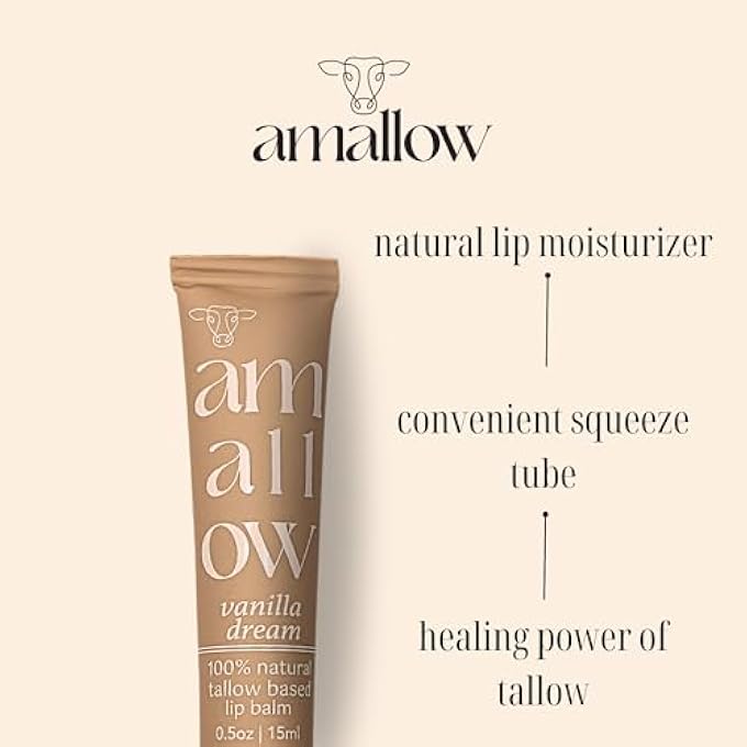 Amallow ALL NATURAL TALLOW LIP BALM SQUEEZABLE TUBE - GRASS FED/FINISHED BEEF TALLOW + ORGANIC BEESWAX & VANILLA ESSENTIAL OIL .5 OZ (VANILLA DREAM) - Image 2
